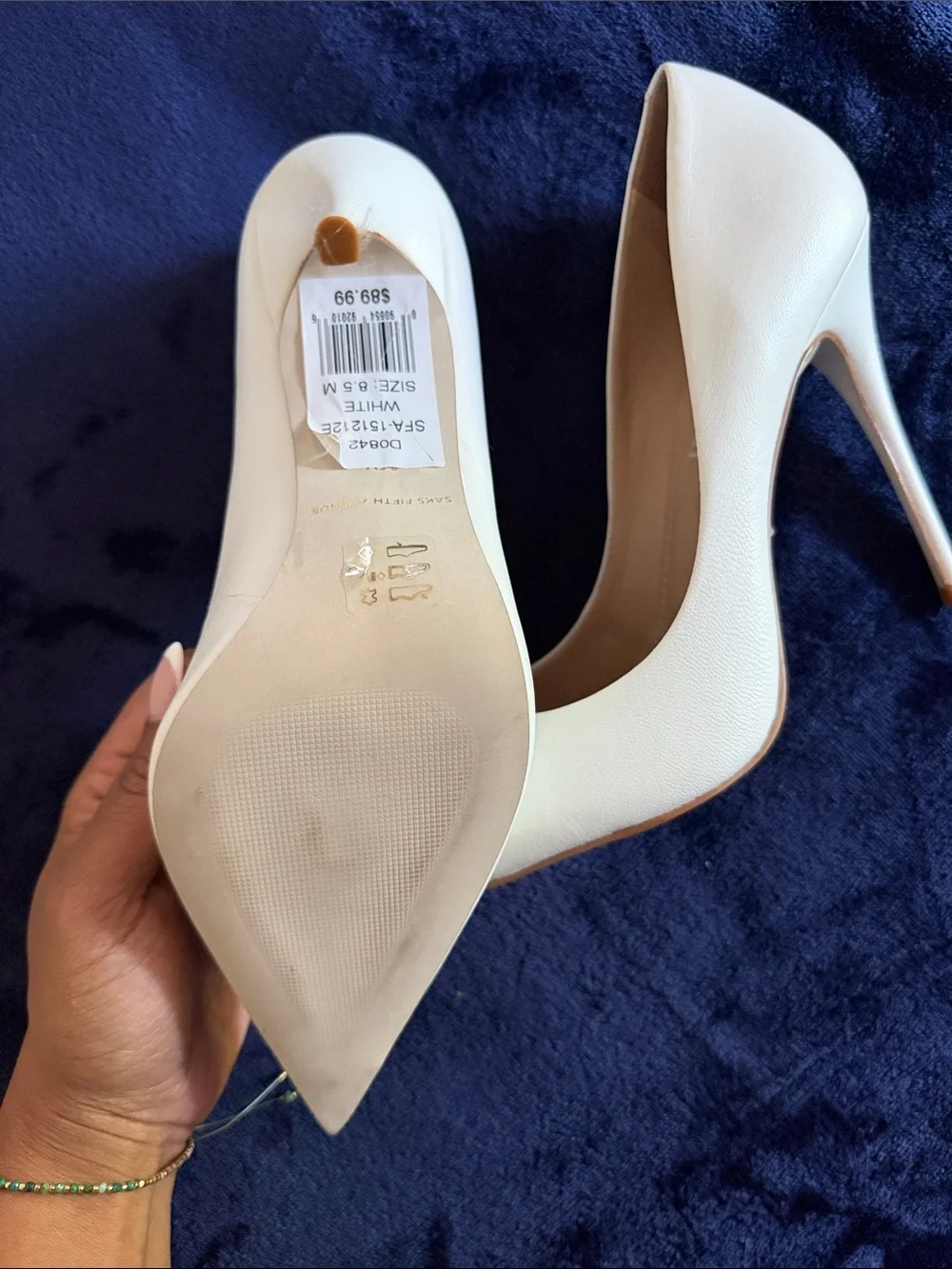 Saks Fifth Avenue White Pointed Toe Heels with Silver Cap